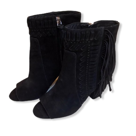 Rebecca Minkoff IRIS Fringe Bootie Sz 7.5 NIB Black Suede Open Toe Ankle Boot - Picture 5 of 7